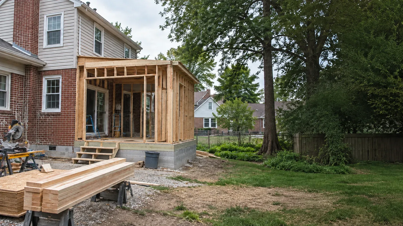 Wood-framed porch addition under construction on a Cleveland-area home